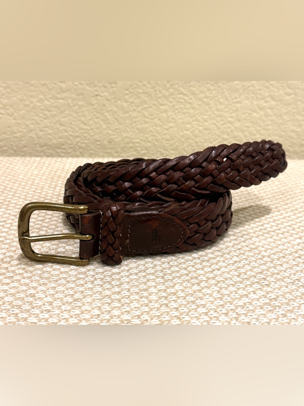 VINTAGE Polo Ralph Lauren Belt Men 40 Brown Leather Braided Woven Pony Brass